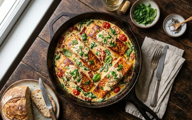 Creamy Garlic Butter Tuscan Salmon, One Skillet